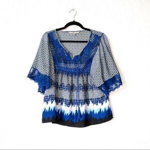 Valerie Stevens Blue Printed Batwing Sleeve Lace Insert Blouse Size Petite Large